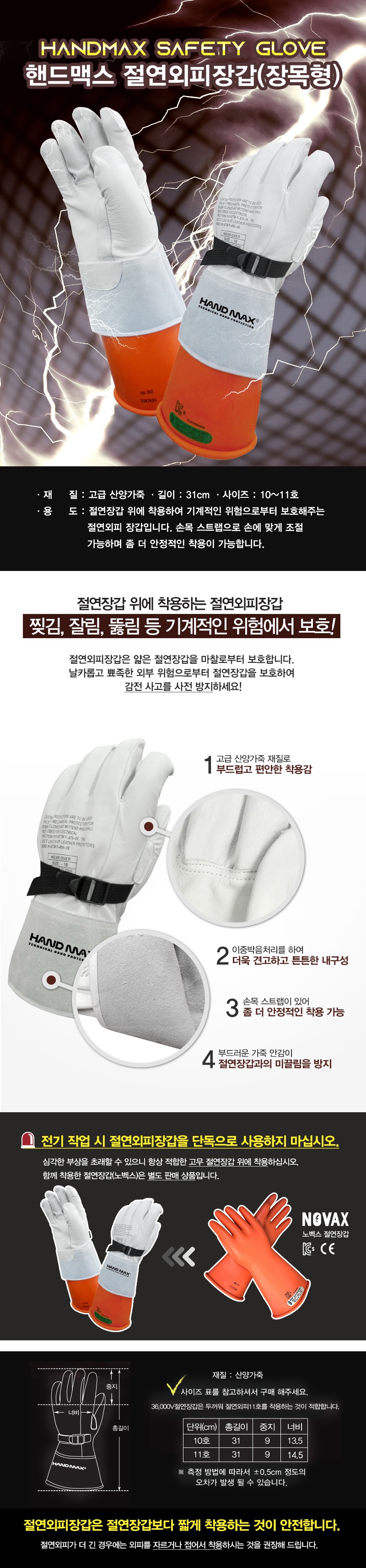 절연가죽작업장갑 장목형 31cm 11호 절연용보호구 감전방지 전기안통하는장갑 절연장갑